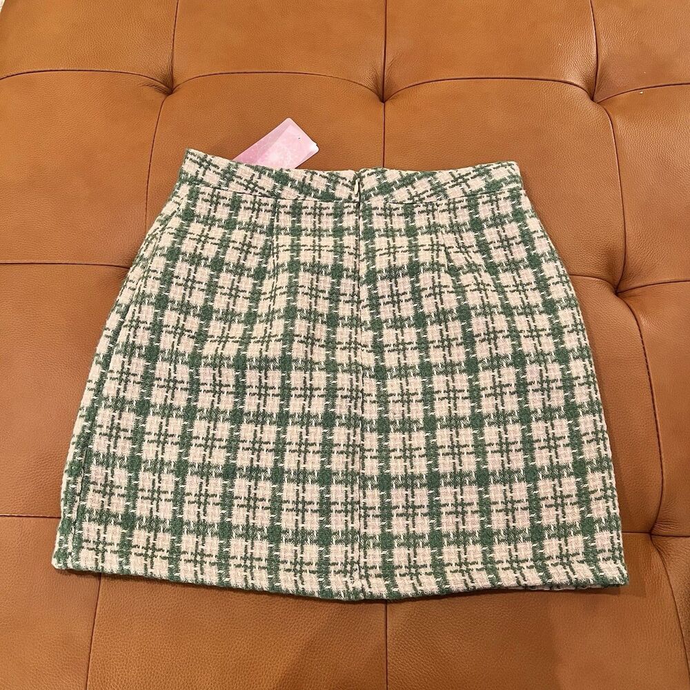 Fashion on Earth Tencel Wool Women’s Green and Cream Check‎ Skirt, Size M, NWT